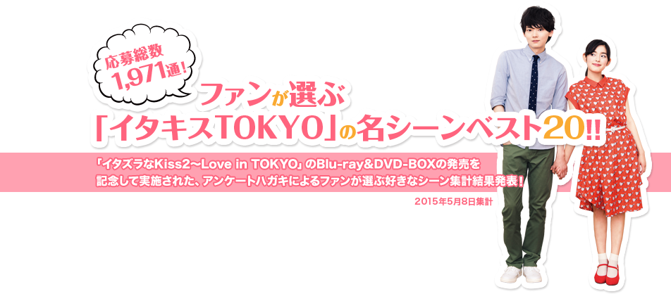 （応募総数1,971通！）ファンが選ぶ「イタキスTOKYO」の名シーンベスト20！！／「イタズラなKiss2～Love in TOKYO」のBlu-ray&DVD-BOXの発売を記念して実施された、アンケートハガキによるファンが選ぶ好きなシーン集計結果発表！ （2015年5月8日集計）