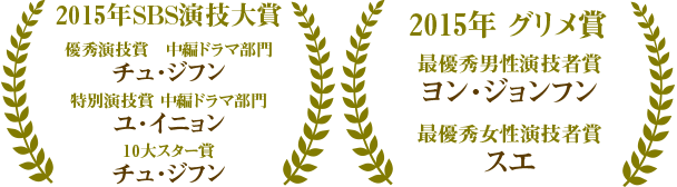 2015年SBS演技大賞　優秀演技賞　中編ドラマ部門　チュ・ジフン　特別演技賞 中編ドラマ部門　ユ・イニョン　10大スター賞　チュ・ジフン　2015年 グリメ賞　最優秀男性演技者賞　ヨン・ジョンフン　最優秀女性演技者賞　スエ